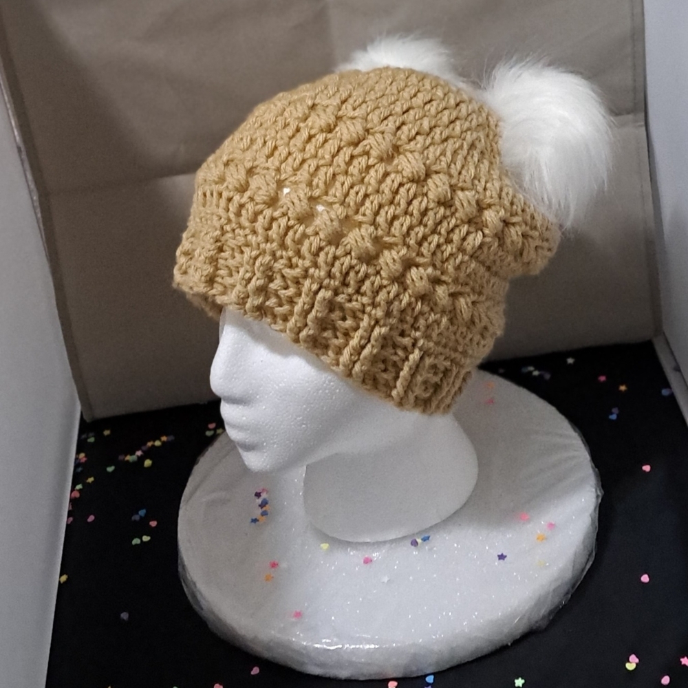 Cozy Tan Knit Beanie with Pom Poms